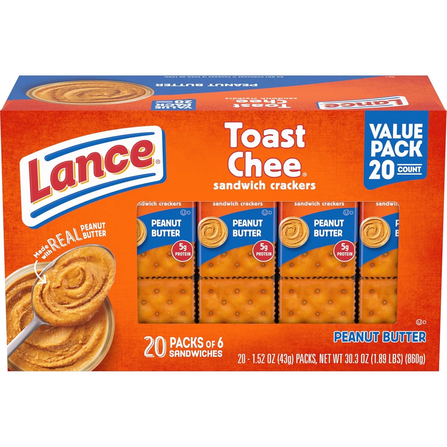 Toasty Peanut Butter Sandwich Crackers - 10 Individually Wrapped Packs with 6 Sandwiches Each!