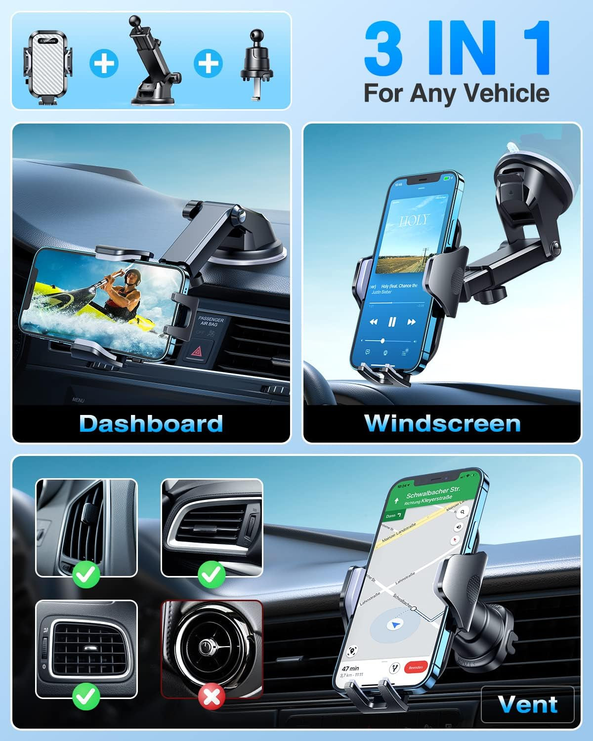 Military-Grade Car Phone Holder - Extra Strong Suction & Clip Mount for iPhone & Android - Ultimate Dashboard & Windshield Accessory