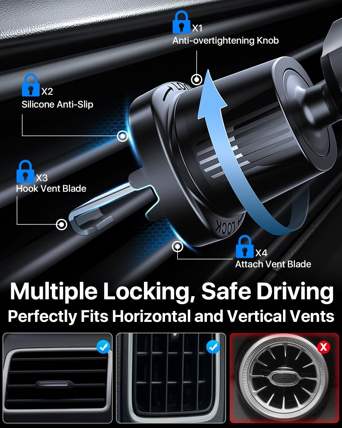 2025 Upgraded Car Phone Holder - Sturdy Metal Hook Clip, Ultimate Vent Mount for iPhone 16/15/14/13 & Samsung Android - No More Bumps! Compatible with All Smartphones - Sleek Black Design