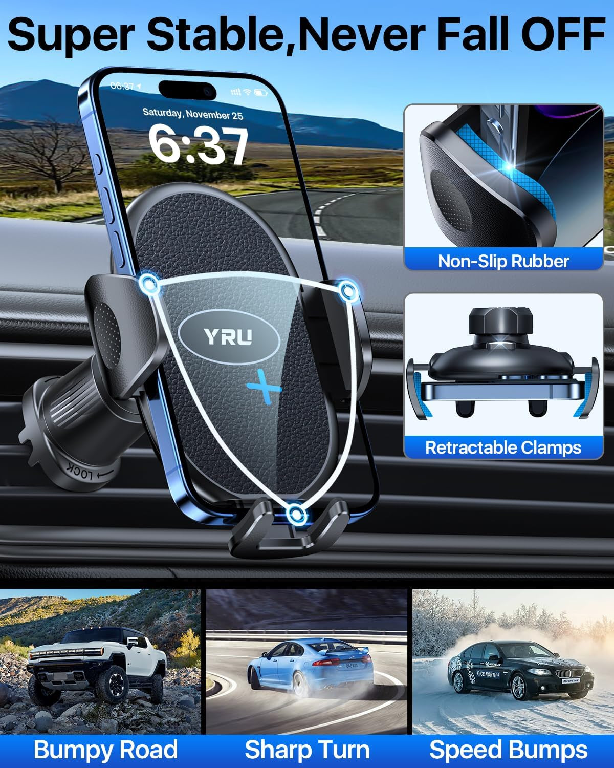 2025 Upgraded Car Phone Holder - Sturdy Metal Hook Clip, Ultimate Vent Mount for iPhone 16/15/14/13 & Samsung Android - No More Bumps! Compatible with All Smartphones - Sleek Black Design