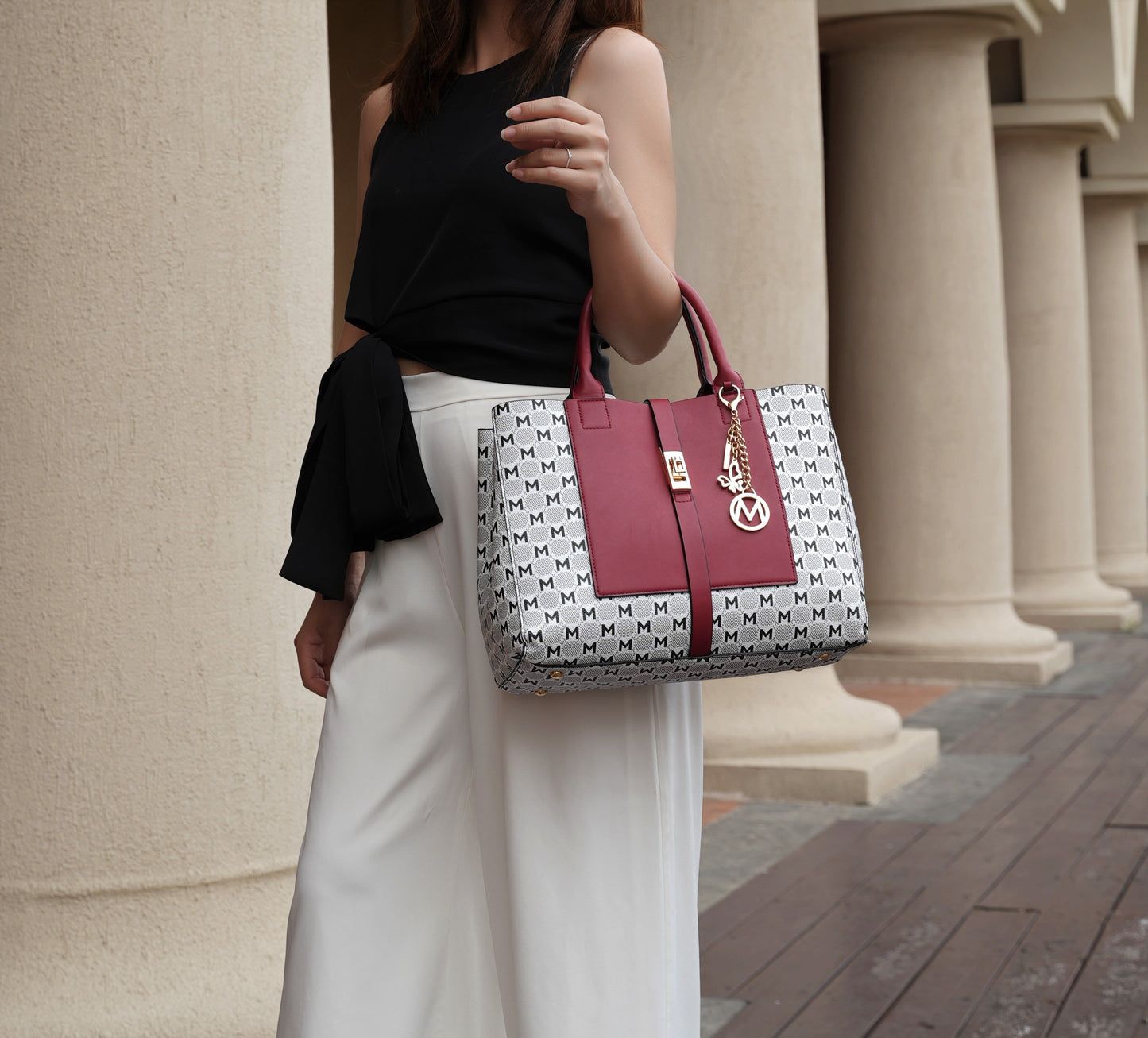 MKF Collection Yuliana Circular M emblem Print Satchel Bag with Wallet by Mia k