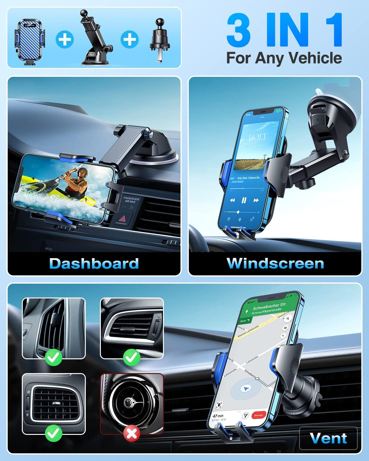 Ultimate Military-Grade Car Phone Holder – Super Strong Suction & Clip for Dashboard, Windshield & Vent for iPhone 16/15 Pro Max, 14/13 and Android – Last Longer, Stay Secure!