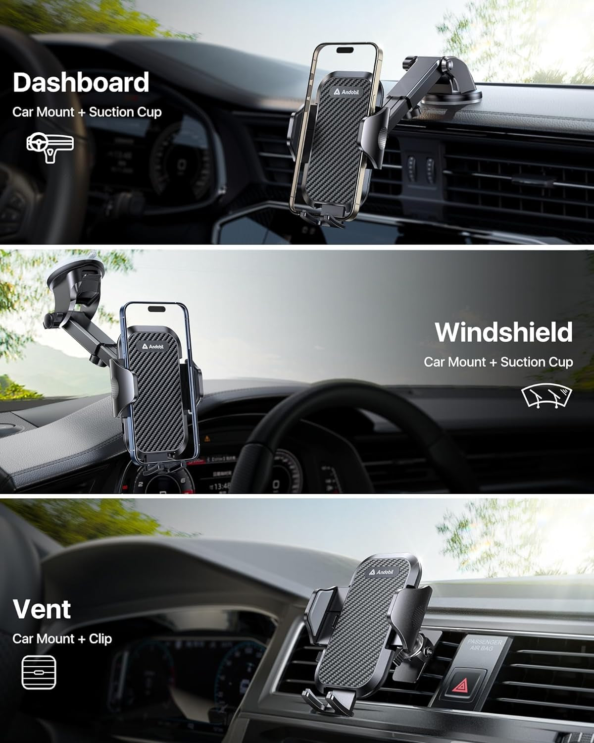 2025 Military-Grade Car Phone Holder - 85Lbs Ultimate Suction Mount for iPhone 16/15 Pro Max & Samsung - Perfect for Dashboard, Windshield & Vent