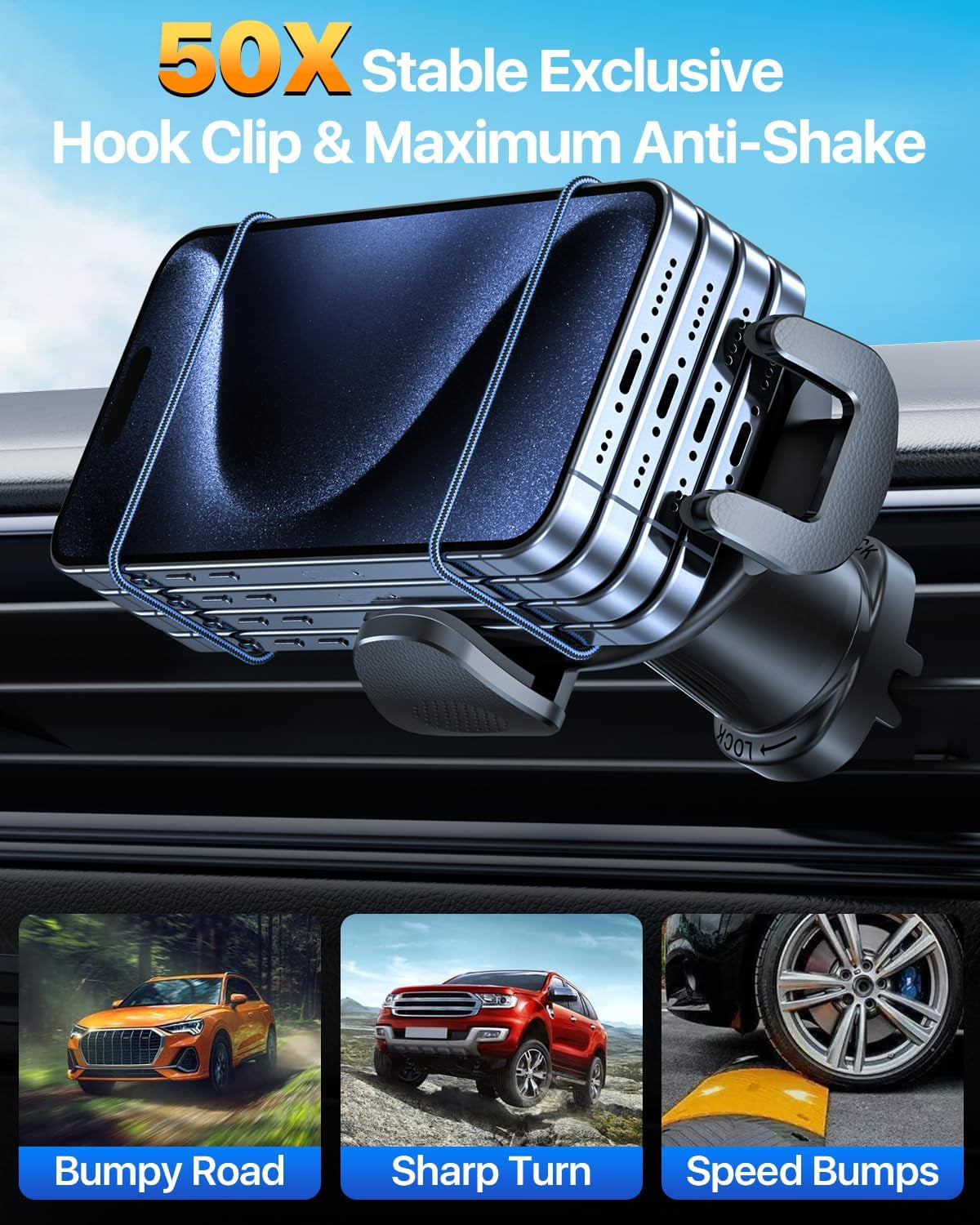 Military-Grade Car Phone Holder - Ultra Strong Steel-Hook Vent Mount, 360° Adjustable Handsfree Cradle for iPhone 16/15/14/13/12 Pro Max & Samsung Universal - Black