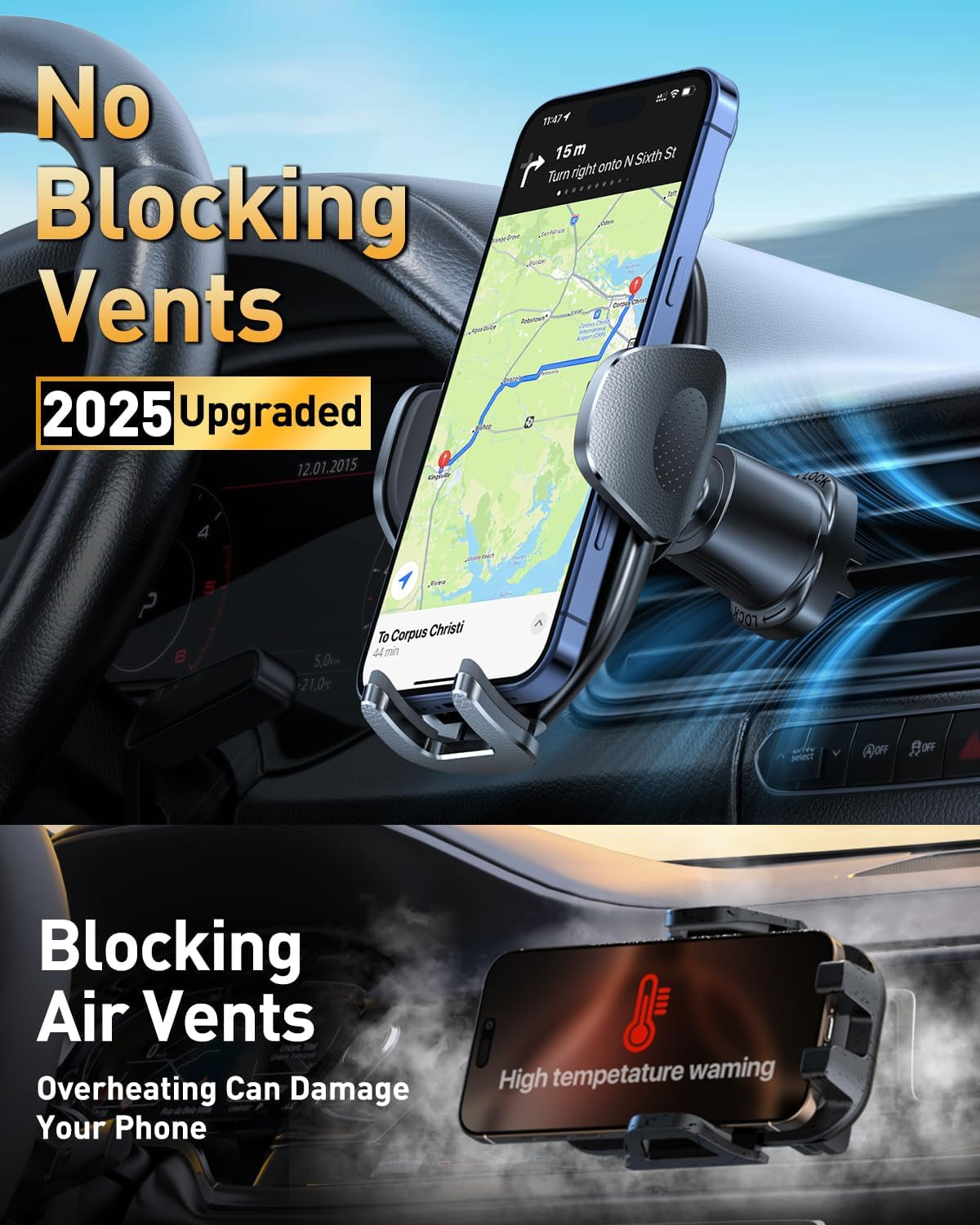Military-Grade Car Phone Holder - Ultra Strong Steel-Hook Vent Mount, 360° Adjustable Handsfree Cradle for iPhone 16/15/14/13/12 Pro Max & Samsung Universal - Black