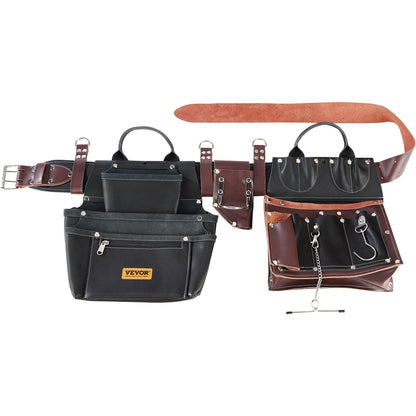 VEVOR Leather Tool Belt, 31 Pockets, Adjustable (32"-54"), Heavy-Duty Detachable Pouch for Electricians, Carpenters & More (Black/Brown)