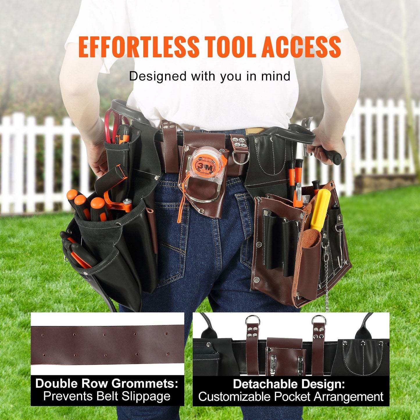 VEVOR Leather Tool Belt, 31 Pockets, Adjustable (32"-54"), Heavy-Duty Detachable Pouch for Electricians, Carpenters & More (Black/Brown)