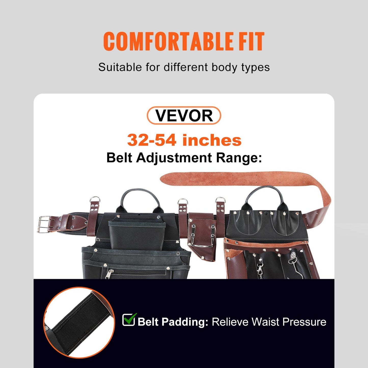 VEVOR Leather Tool Belt, 31 Pockets, Adjustable (32"-54"), Heavy-Duty Detachable Pouch for Electricians, Carpenters & More (Black/Brown)