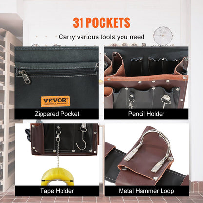 VEVOR Leather Tool Belt, 31 Pockets, Adjustable (32"-54"), Heavy-Duty Detachable Pouch for Electricians, Carpenters & More (Black/Brown)