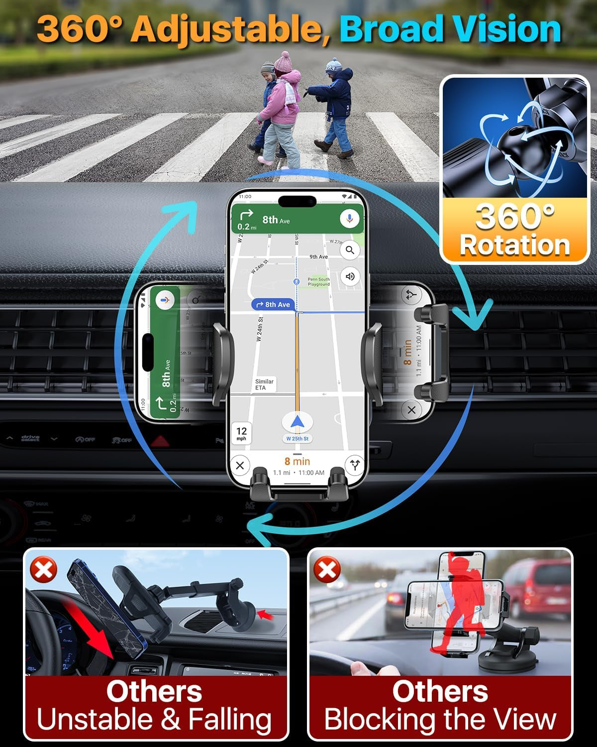 Military-Grade Car Phone Holder - Ultra Strong Steel-Hook Vent Mount, 360° Adjustable Handsfree Cradle for iPhone 16/15/14/13/12 Pro Max & Samsung Universal - Black