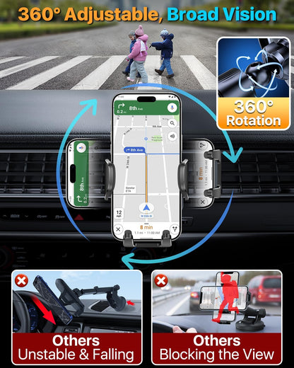 Military-Grade Car Phone Holder - Ultra Strong Steel-Hook Vent Mount, 360° Adjustable Handsfree Cradle for iPhone 16/15/14/13/12 Pro Max & Samsung Universal - Black